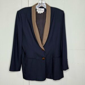 Oleg Cassini 80s Vintage Colorblock Navy Tan Women's Blazer 12 Petite Grannycore